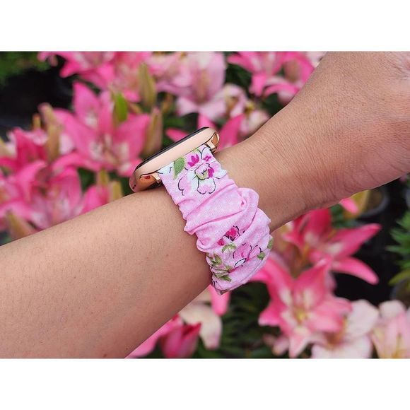 Fitbit Sense Versa 3 2 Lite, Apple Watch Scrunchie Watch Band in Cherry Blossom - Picture 5 of 6